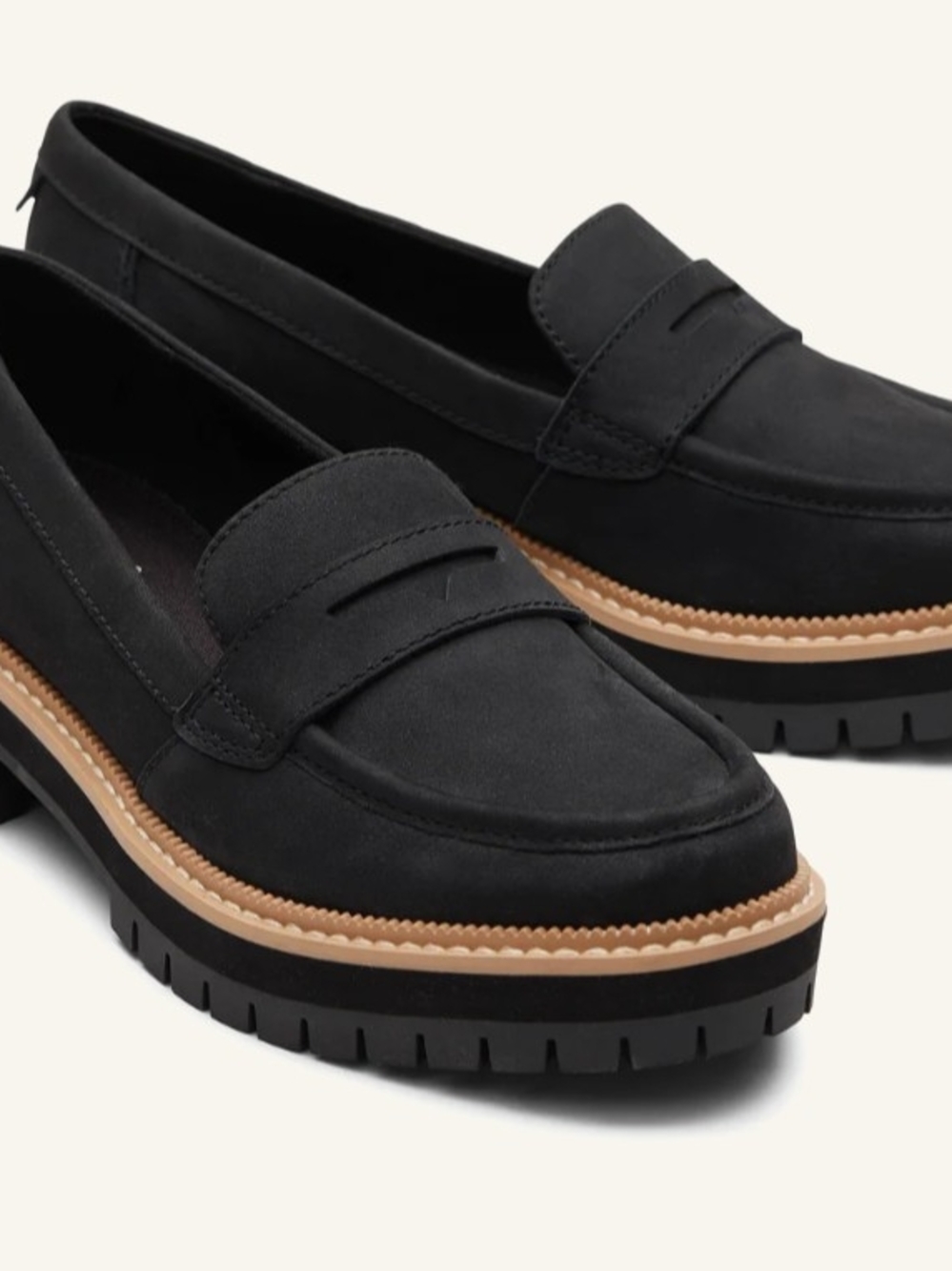 Toms Black Platform Penny Loafers with Tan Trim
